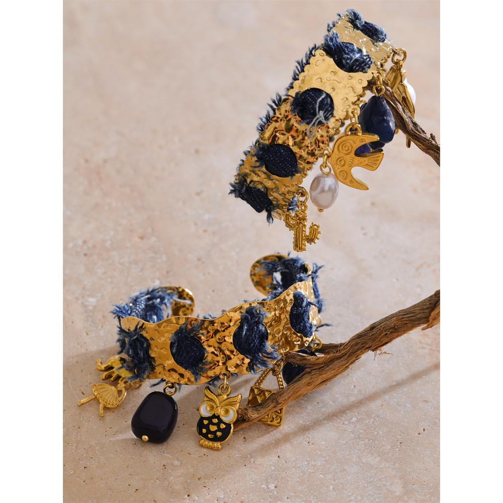 Eetit Exklusives Design Blauer Denim Acrylperle Vogel Herz Tropfen Manschette Retro Armband Edelstahl Markanter Anhänger Schmuck