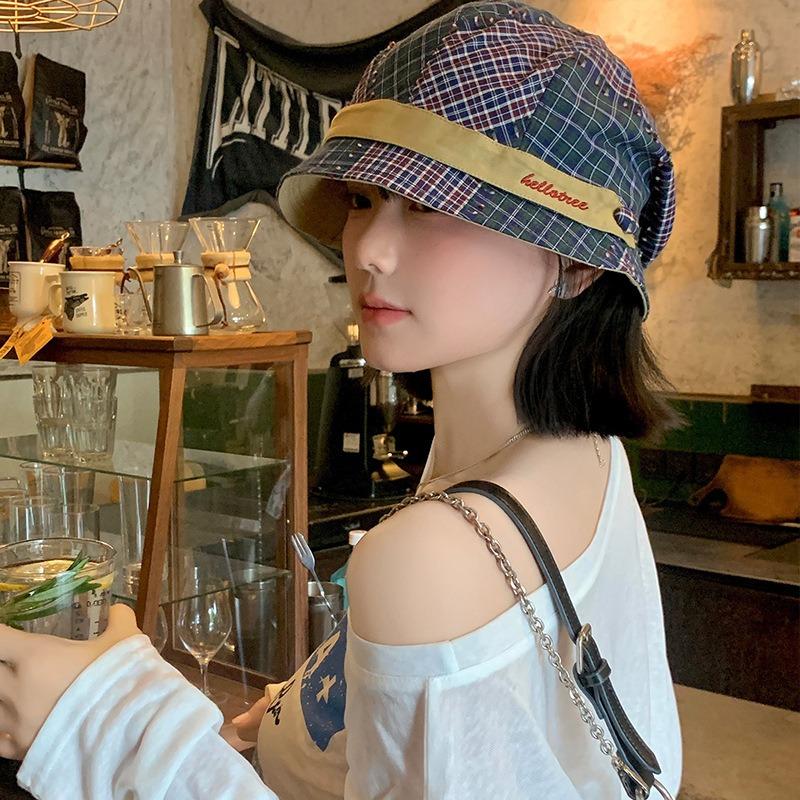 Retro Plaid Color Matching Bucket Hat Women's Niche Versatile Literary Basin Hat Big Head Circumference Showing Face Small Bucket Hat