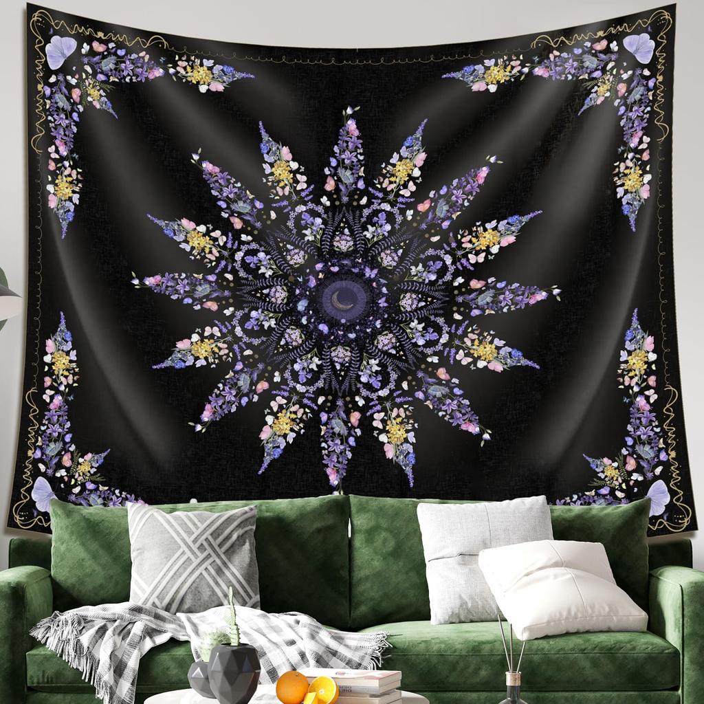 Floral Butterfly Tapestry, Boho Wildflower Moon Print Large Wall Hanging for Bedroom Living Room Aesthetic Home Decor