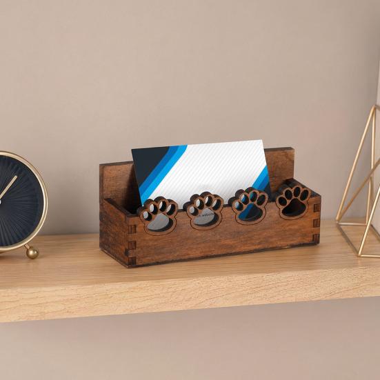 Wood Business Card Holder for Desk, Cute Paw Print Display Stand for Postcards Office Home, Rustic Desktop Tabletop Organizer