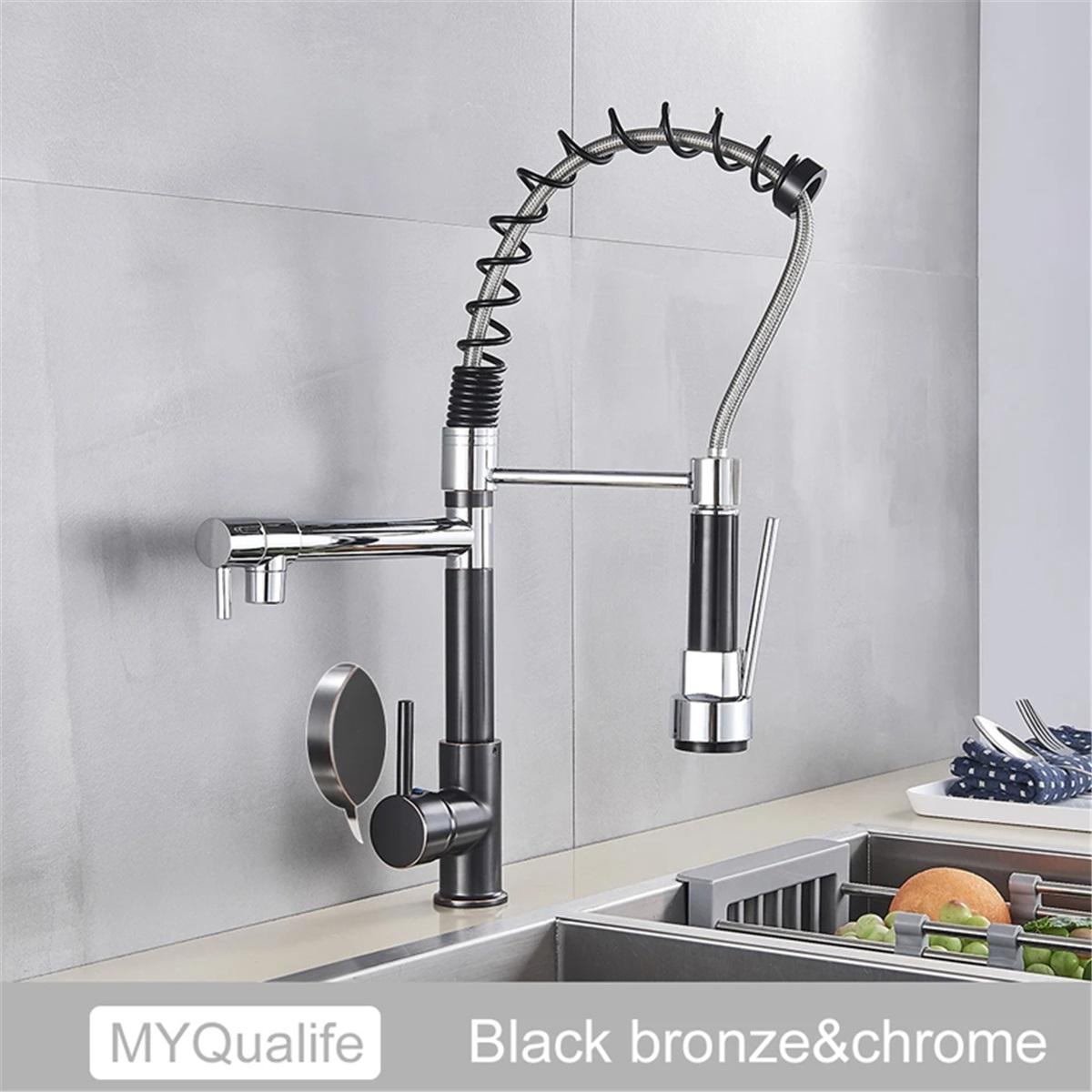 

Black Pull Down Brass Kitchen Sink Faucet Hot Cold Water Mixer Crane Tap with Dual Spout 360 Rotation High Faucet Deck Mounted
