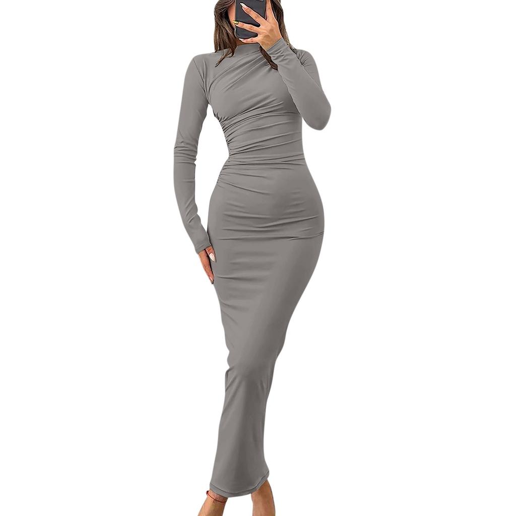 Women's Fall Long Sleeve Bodycon Maxi Dresses Sexy Ruched Neck Slim Fit Cocktail Party Dress