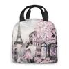 Eiffel Tower Couple Pink Floral Lunch Bag Adult Tote Bag Reusable Lunch Box Container For Women Men School Office Work