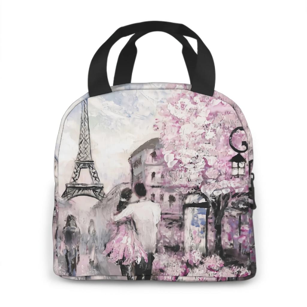 Eiffel Tower Couple Pink Floral Lunch Bag Adult Tote Bag Reusable Lunch Box Container For Women Men School Office Work