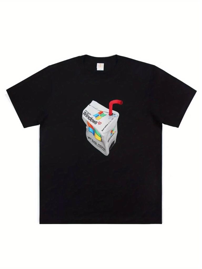 Men's Cotton T-Shirt Funny Windows Carton Retro Graphic Print, Black Oversized Streetwear Tee for Casual Wear, Machine Washable