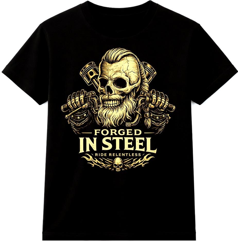 Skull Biker T Shirt Ride Relentless Forged in Steel Motorcycle Tee Graphic Top XXL