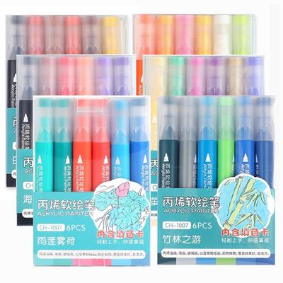 6 Färger/set Akrylfärgpennor Penselspets Akrylmarkörer för Stelmålning, Glas, Sten, Trä, Keramik Tyg Scrapbooking