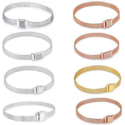 Reflexní náramek Rose Gold Barva 925 Starling Silver Ocel Síťovaný Plochý náramek Fit Temperament Půvab Korálky Módní Dámské