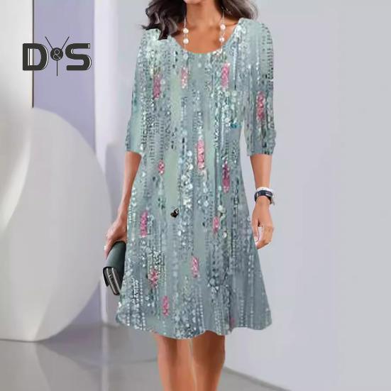 Sommerkleid für Damen, Rundhalsausschnitt, knielang, Blumendruck, A-Linie, lange Ärmel, Pullover, lässig, für den Alltag, langes Kleid zum Pendeln