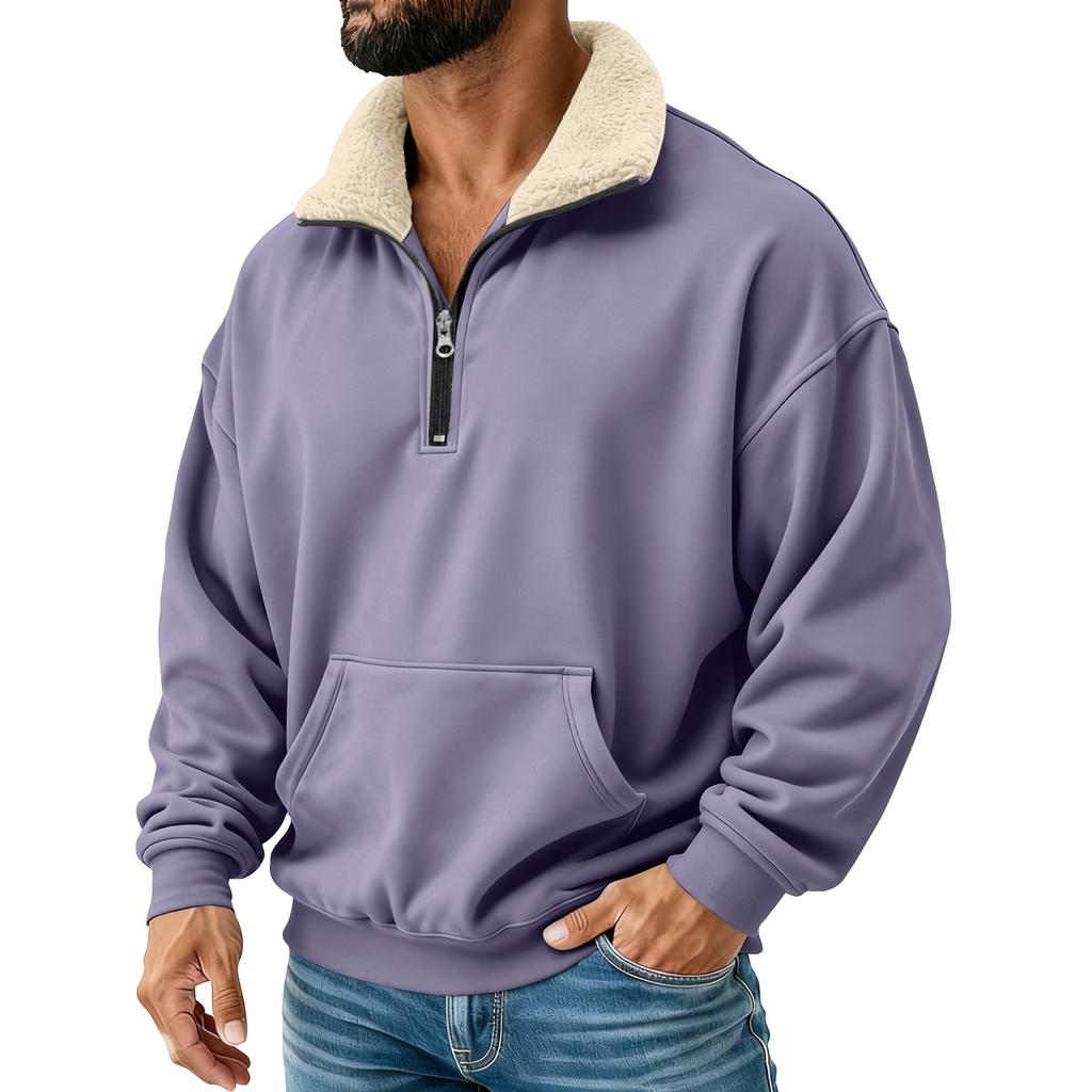 Men's Solid Color Half-Zip Stand Collar Plush Sweatshirt Men's Sports Plus Size Casual Sweatshirt