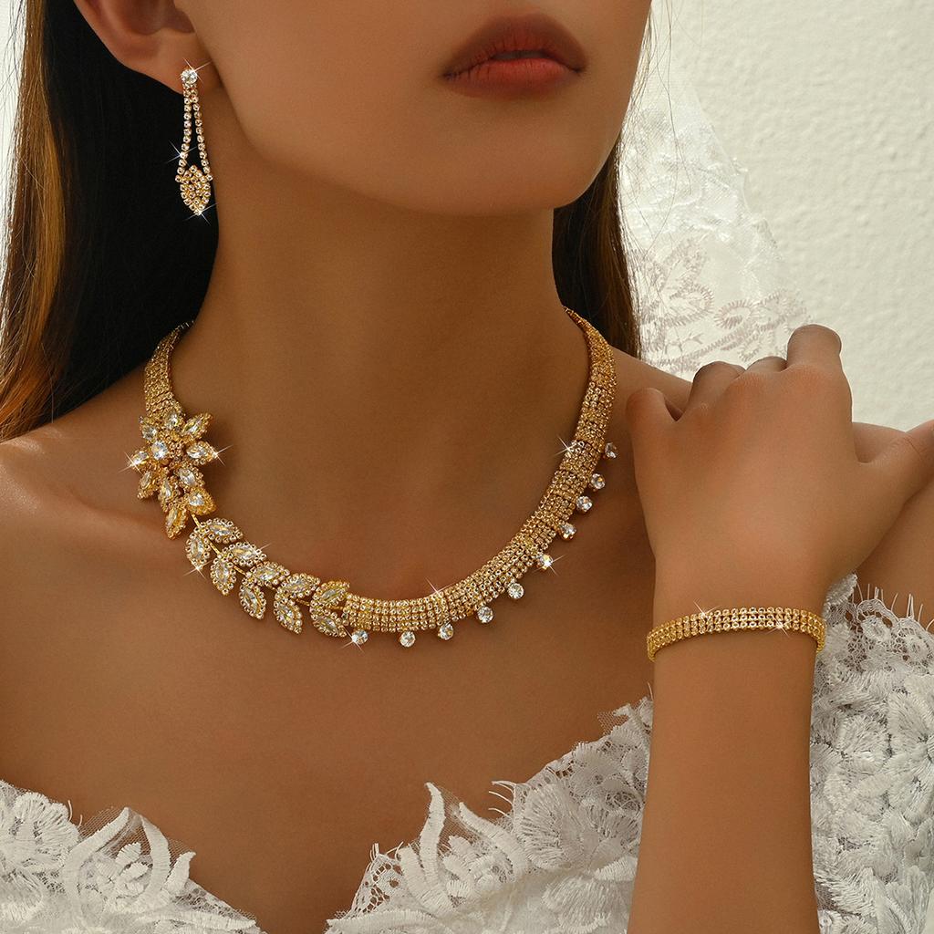 Gold Plated Jewelry Set India Dubai Jewelry Bare Diamond Zircon Necklace Bracelet Ring Earrings Set