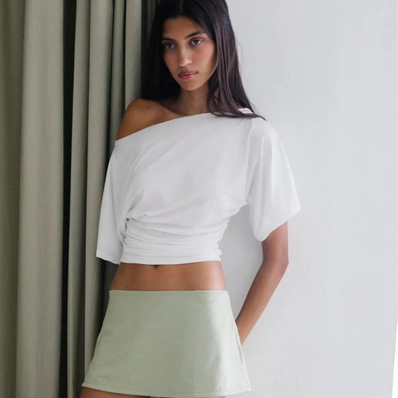 T-shirt Casual da Donna Sexy Aderente con Ruches a Spalla Unica Manica Corta