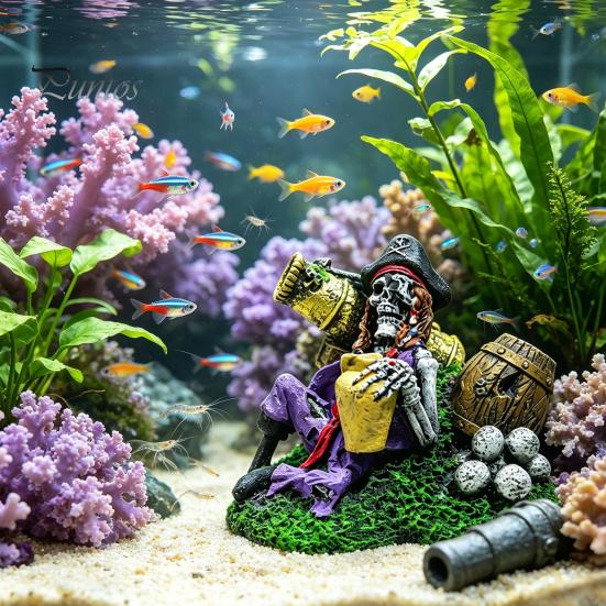 Resin Fish Ornament Pirate Skeleton Aquarium Bubbler, Underwater Tank Ornament, Air Bubbler with Hose Stone for Freshwater And Saltwater Tanks