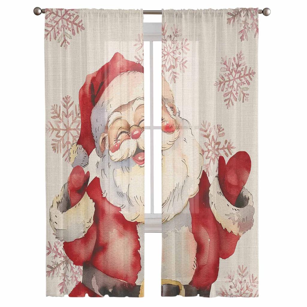 Christmas Snowflakes Retro Santa Claus Sheer Curtains Modern Gauze Curtain for Living Room Bedroom Voile Yarn Curtains