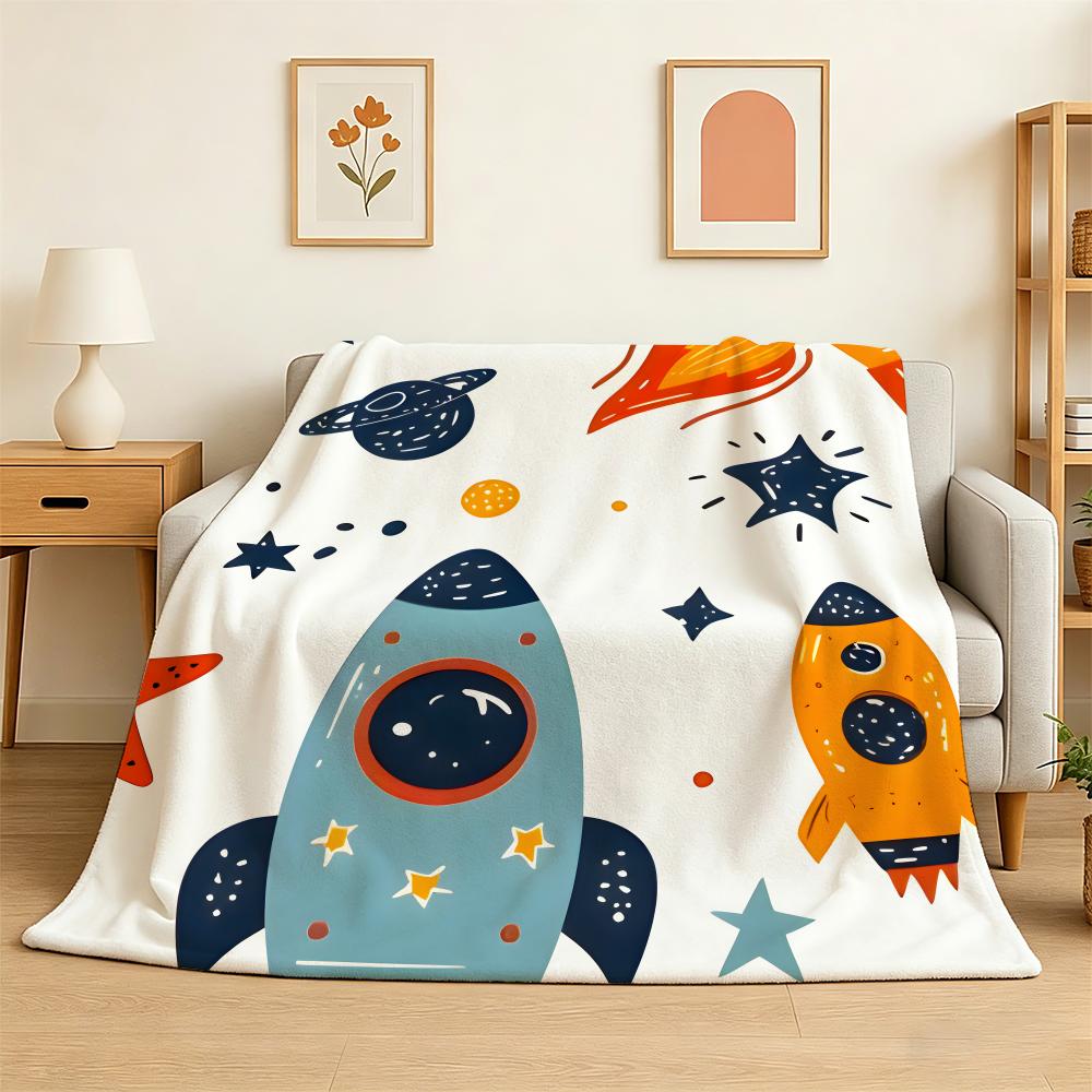 Outer Space Spaceship Astronaut Rocket Throw 240g Lightweight Flannel Blanket, Soft Skin Throw Blanket for Sofa Bedroom