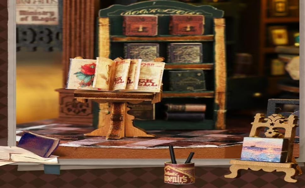 FSEARRT Puppenhaus DIY Bausatz Miniatur Puppenhaus Wohnzimmer Entspannungsartikel Buchhandlung Set, Bausatz, Deko, Geschenk, (Dämmerung (Staubdichtes Gehäuse))