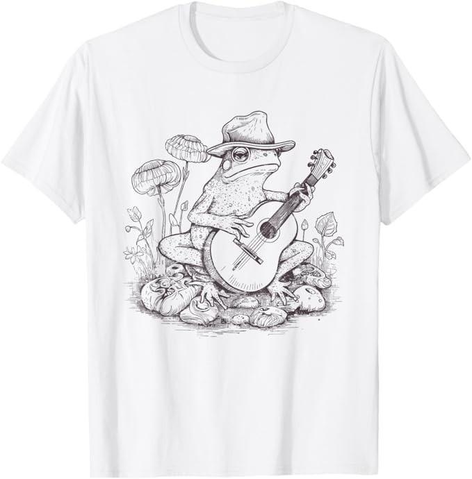 Vintage Cottagecore Frog Mushroom Banjo Graphic Retro Aesthetic Tee Unisex T-Shirt L