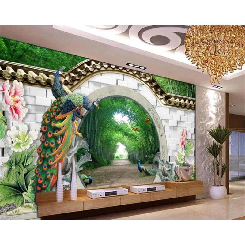 Fantasy 3d Wall Papers Spring Bamboo Forest Wall Mural Arches Brick Wall Peacock Peony Wallpaper Home Decor