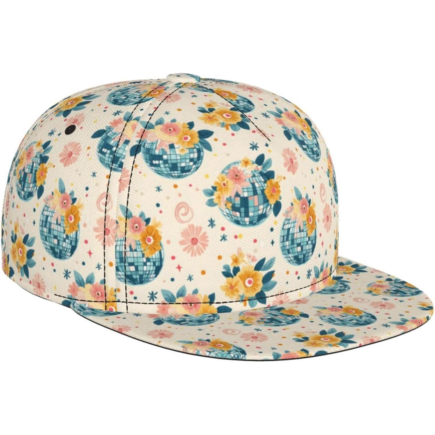 

Retro Disco Ball Floral Ball Print Snapback Hats for Men Women Adjustable Flat Bill Brim Hat for Men Baseball Cap Black One Size