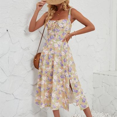 Ärmelloses Sommerkleid für Damen mit Neckholder-Print, quadratischem Ausschnitt, plissiertem Knöchellang