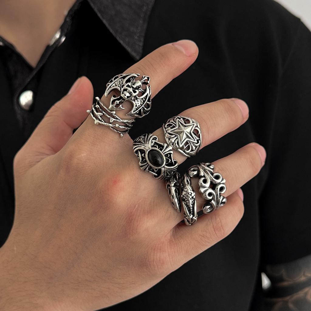 6Pcs Antique Silver Open Ring Set Male, Hip Hop Diablo Exaggerated Ring Accessories Gift