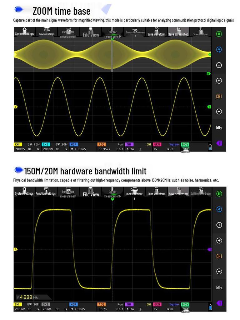 Tabletă FNIRSI DPOS350P 4-în-1: Osciloscop 350M, Generator de Semnal, Analizor de Spectru, Contor de Frecvență