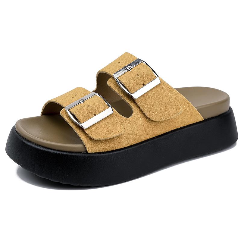 Genuine leather~~ Slippers women's summer outer wear new soft-soled thick-soled belt buckle casual versatile cool slippers
