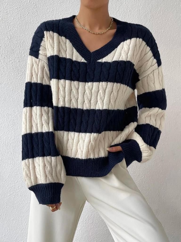 New Autumn Lazy Loose V-Neck Cable Knit Striped Sweater Long Sleeve