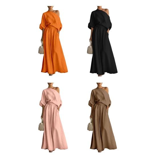 Set da 2 Pezzi Outfit Estivo da Donna Top Scollo a Barca Manica Corta Pantaloni Lunghi a Vita Alta Gamba Larga Oversize Set Tuta da Casa Colore Puro