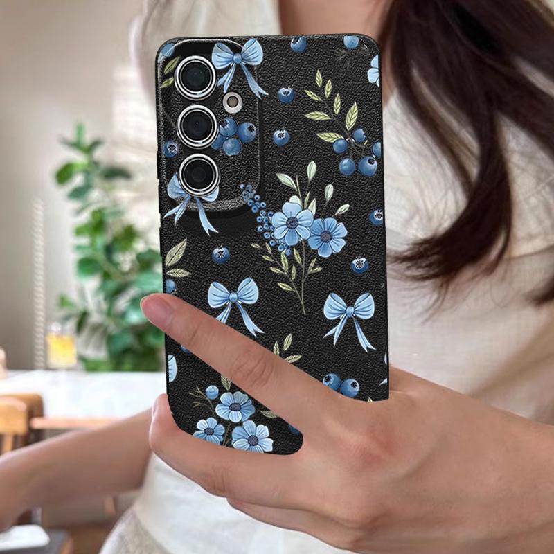 Blaubeer-Schleifen Blumiges Case Für Samsung S26 S25 S24 Ultra S23 S22 S21 FE A15 A16 A17 A26 A35 A36 A37 A54 A55 A56 A57 5G Lederstruktur Abdeckung
