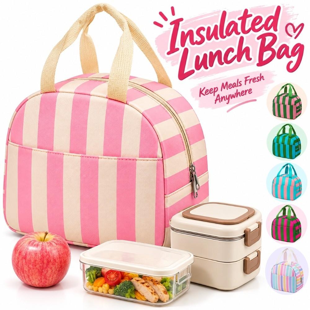 Practical Striped Pattern Insulated Lunch Bag Large Capacity Handheld Lunch Box Bag Fresh-Keeping Leakproof Mommy Bag