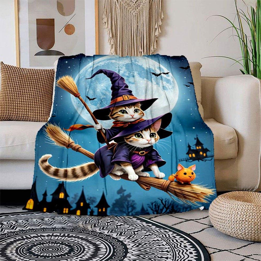 Halloween Witch Cats on Broomstick Wall Art PrintBlanket Flannel Throw Blanket for Sofa, Bed, Travel, Camping, Office, Couch, Chair