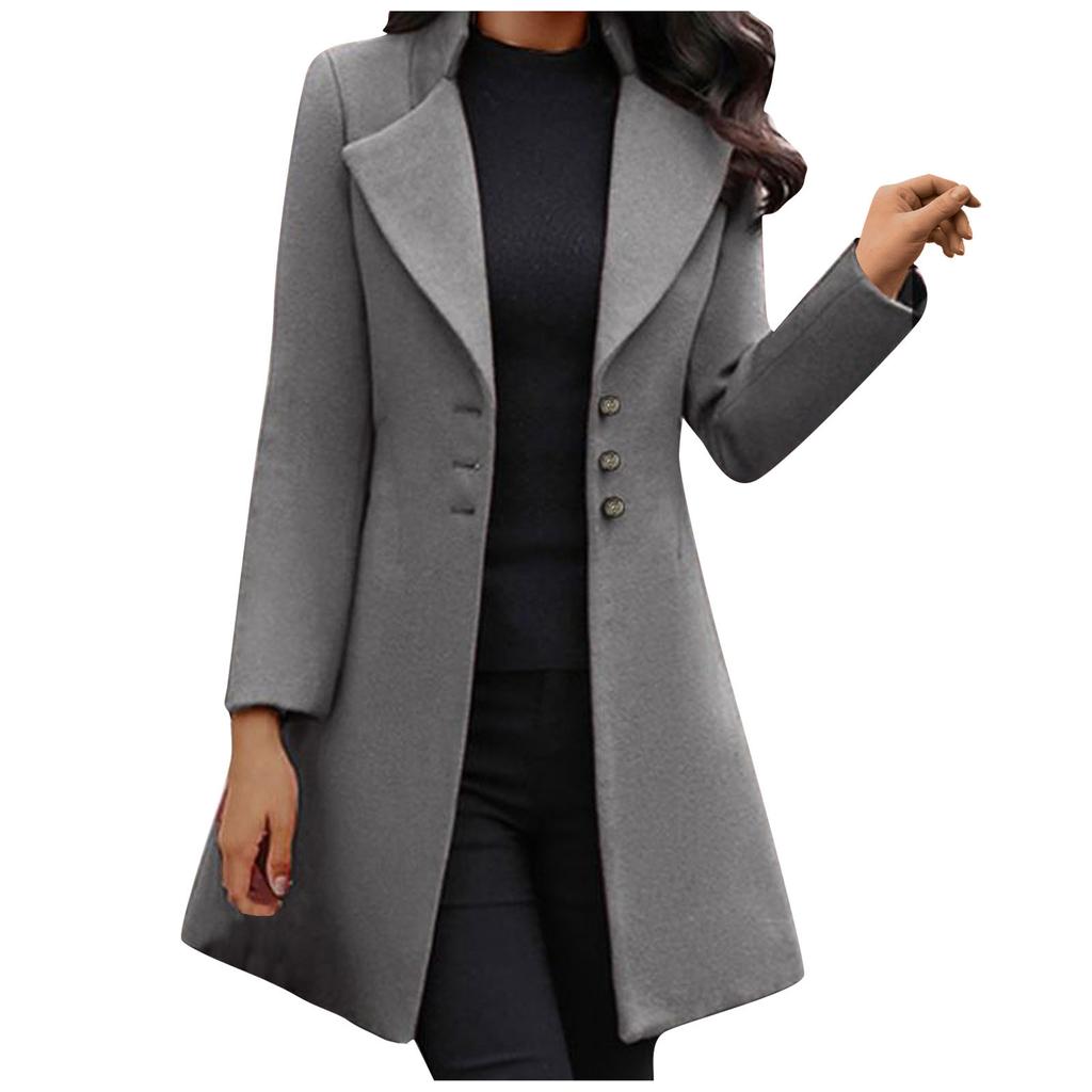 Women Fashion Long Sleeve Woolen Lapel Solid Color Long Jacket Coat