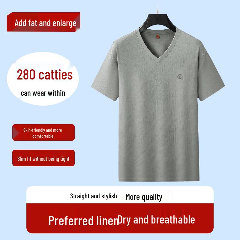 Men s Plus Size Lyocell Cotton Linen Blend Jacquard V-Neck T-Shirt 3XL