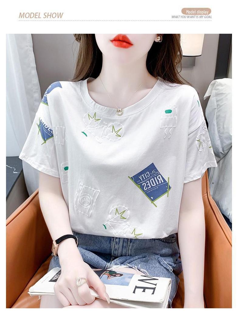 Dames T-shirt met bloemenprint, losse pasvorm, korte mouwen - Zomer 2025 Koreaanse stijl