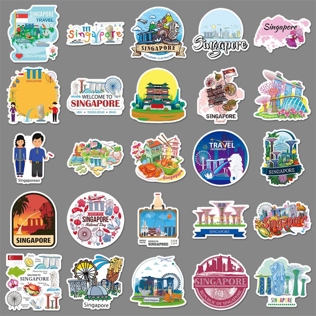 50-Pack Singapore Cartoon Scenery Waterproof Stickers for Travel Journals