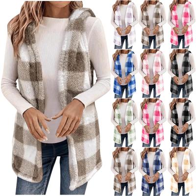 Karierte Fleeceweste für Damen mit Kapuze Herbst Winter Fuzzy Thermisch Warm Ärmellose Jacke Trendige Oberbekleidung