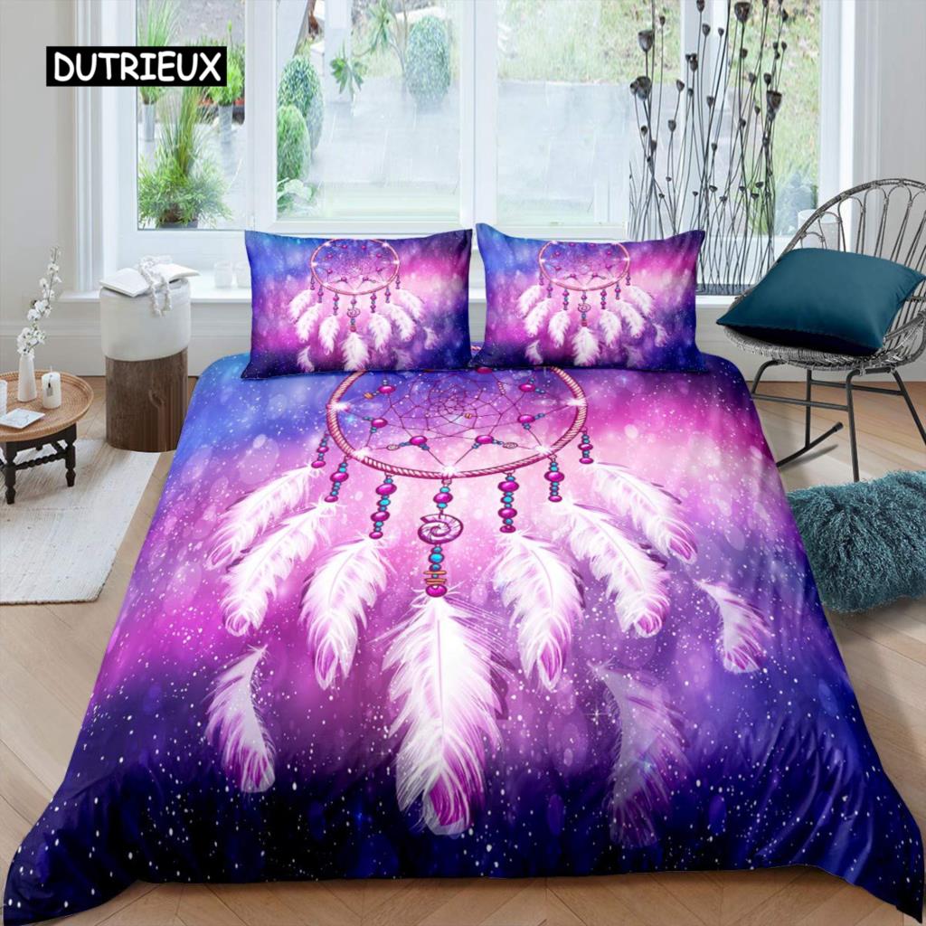 Purple Dream Catcher Duvet Cover Set Bohemian Feather Dream Catcher Bedding Set Microfiber Exotic Ethnic Style King Quilt Cover