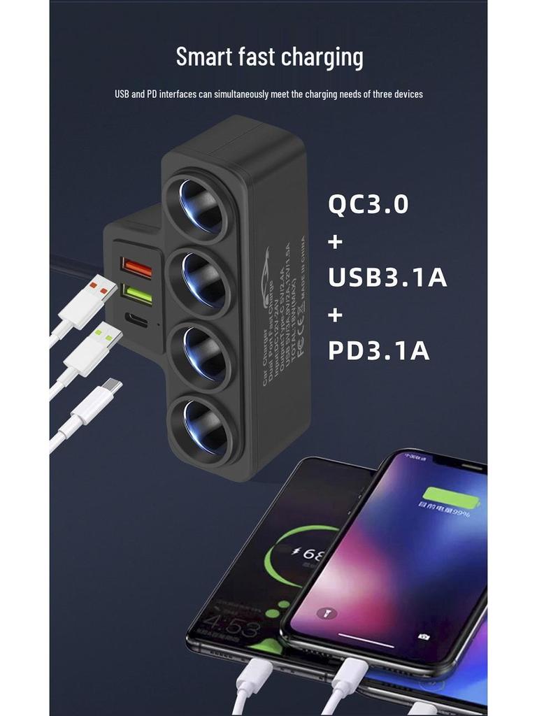 2025 Universal Car Charger: 4-Port Cigarette Lighter with QC3.0, USB, and PD Fast Charging for 12V/24V Vehicles