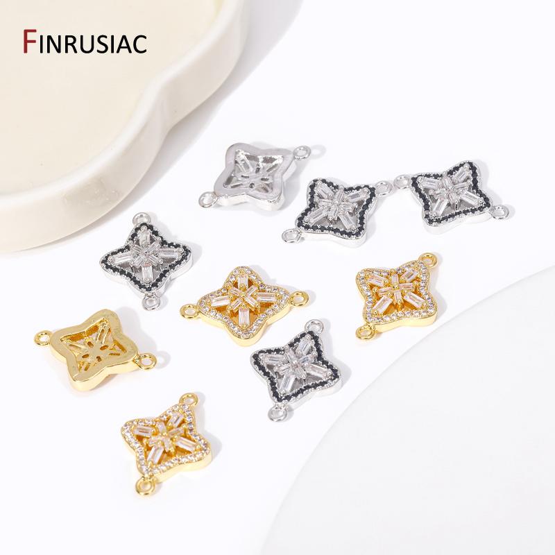 18K Gold Plated Brass Square Charm Connector,Inlaid Zircon Flower Pendant Connector For DIY Jewelry Making Accessories