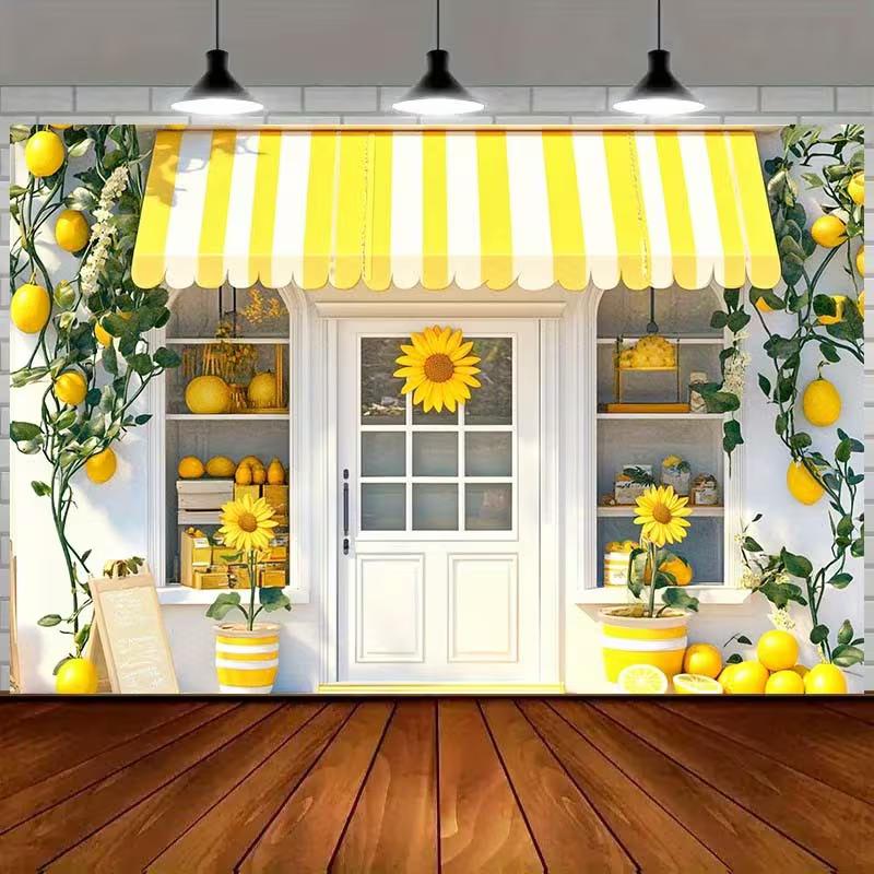 2D Cheerful Yellow Lemon Shop Backdrop for Bridal Shower & Summer Party