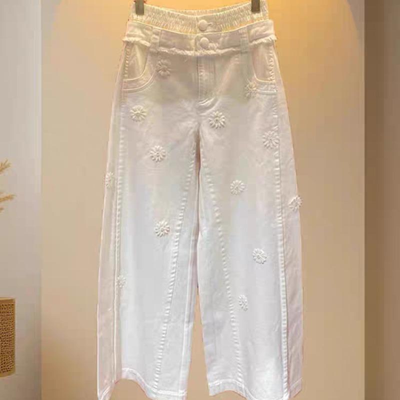 

French gentle little daisy embroidered high-waisted wide-leg pants white straight jeans spring and summer new trousers women S
