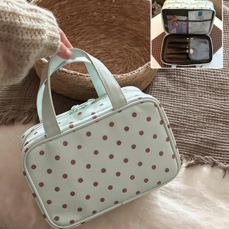 Large Capacity Polka Dot Cosmetic Bag Waterproof Portable Travel Toiletry Organizer for Girls Daily Makeup