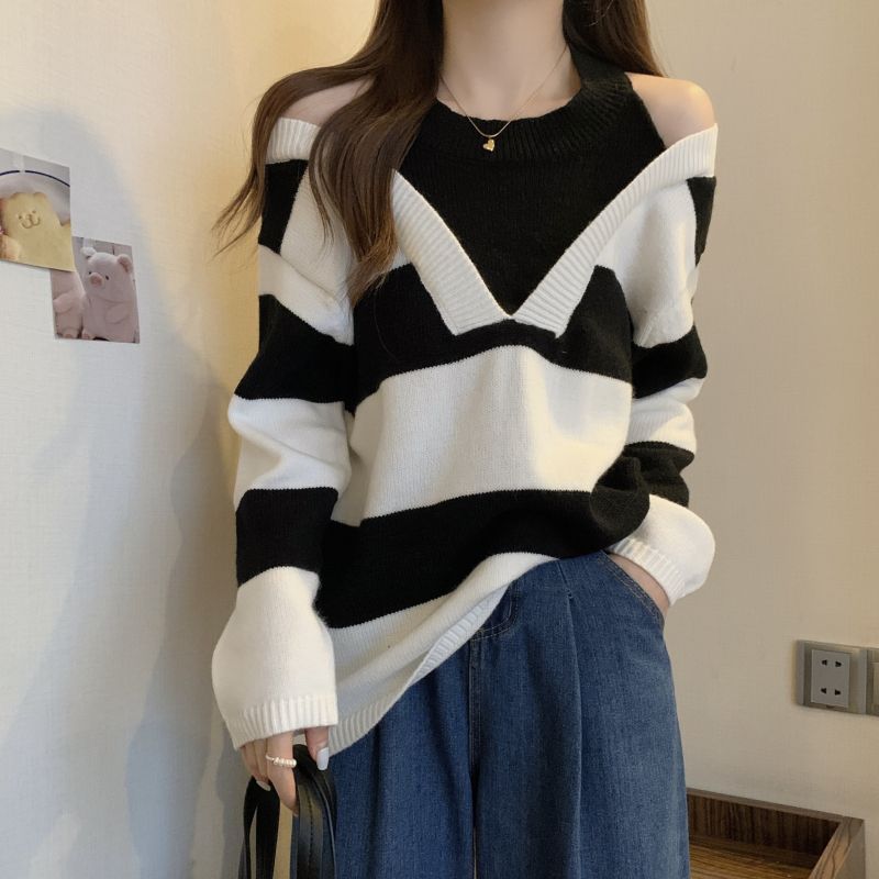 Spring Autumn Loose Stripe Sweater Women Off Shoulder Design Fake Two Piece Pullover Knit Base Layer