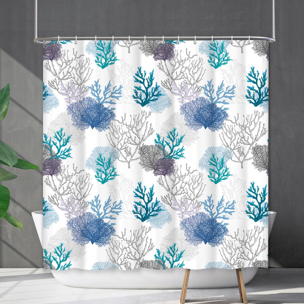 Shower Curtain Waterproof And Mildew-Proof Digital Printing Starfish Shell Shower Curtain Bathroom Partition Curtain Free Punching