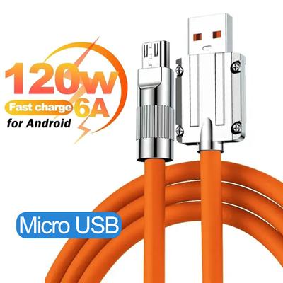 Carregador Android Super Rápido 120W 6A Liga de Zinco Cabo de Silicone Líquido Micro USB Universal para Telefone Android Cabo USB de Carregamento Rápido