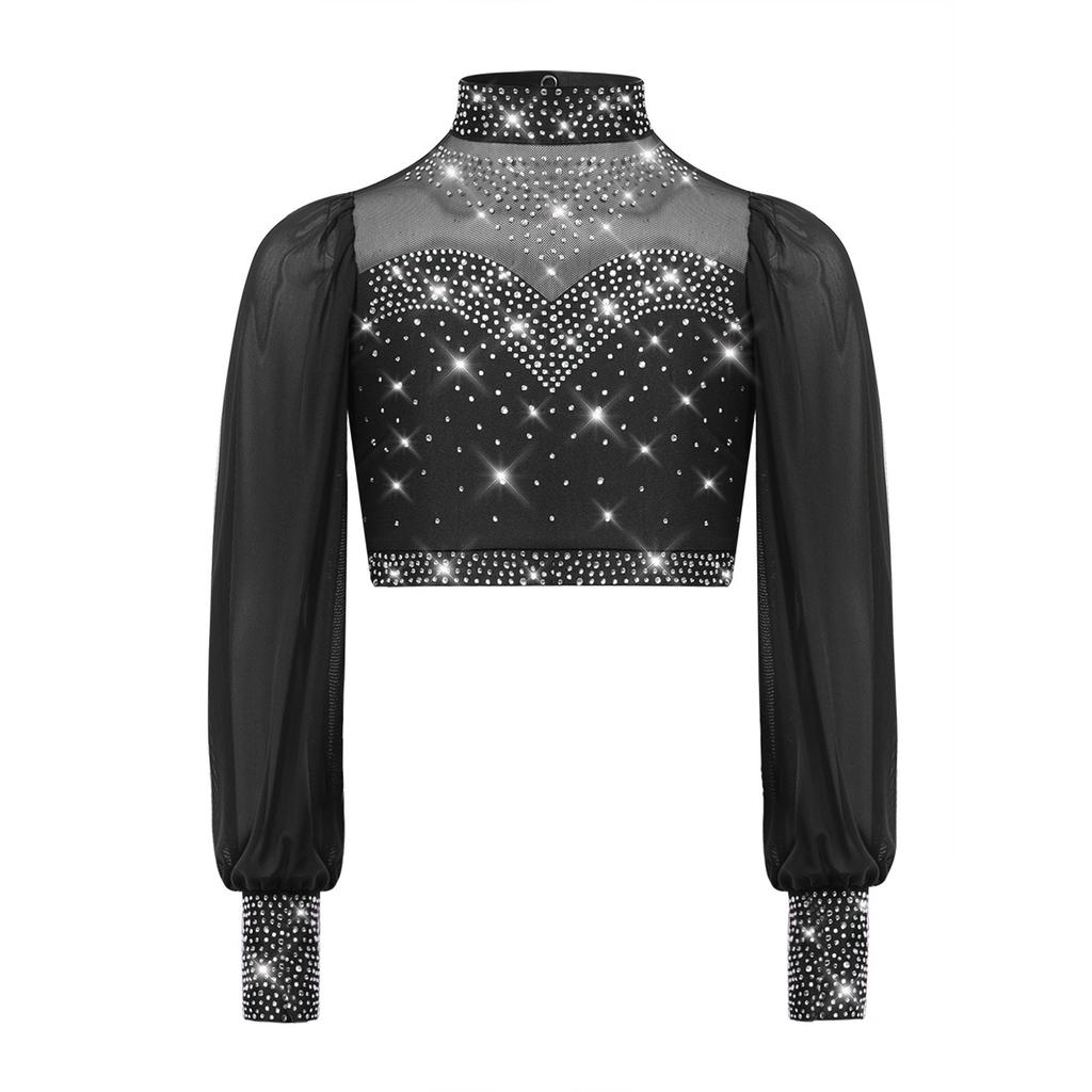 Mädchen Mesh Tanztop Langarm Stehkragen Ausschnitt Rücken Strass Crop Top für Lyrische Ballett Aufführung