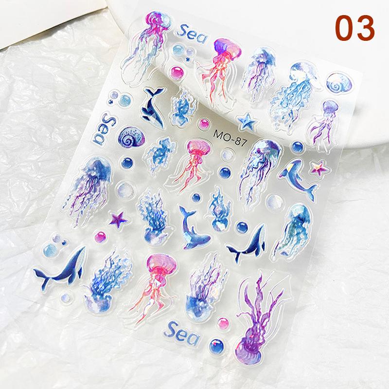 

Blue Mermaid Tail 5D Embossed Nail Stickers Jellyfish Shellfish Dreamy Ocean Animal World Nails Design Summer Sea Manicure Decor 03