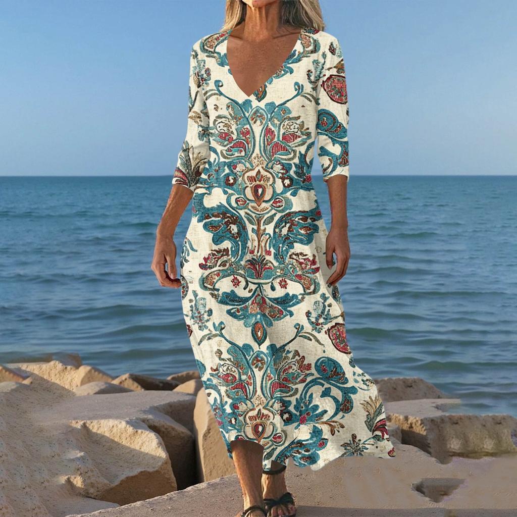 Dresses For Womens Vintage Print Tunic Waisted Midi Dress Summer Casual 3/4 Sleeve Dress