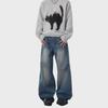 Unisex Retro Lightning Pattern Deconstructed Scimitar Jeans - Loose Fit, 3D Tailored Banana Style